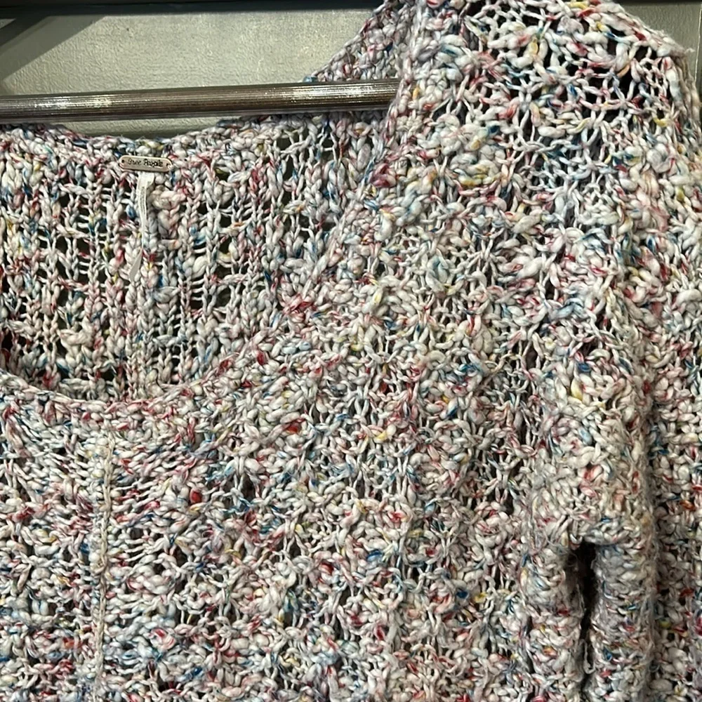 Free People Rainbow Speckle Open Knit Crochet Sweater Scoop Neck Cotton Size XS